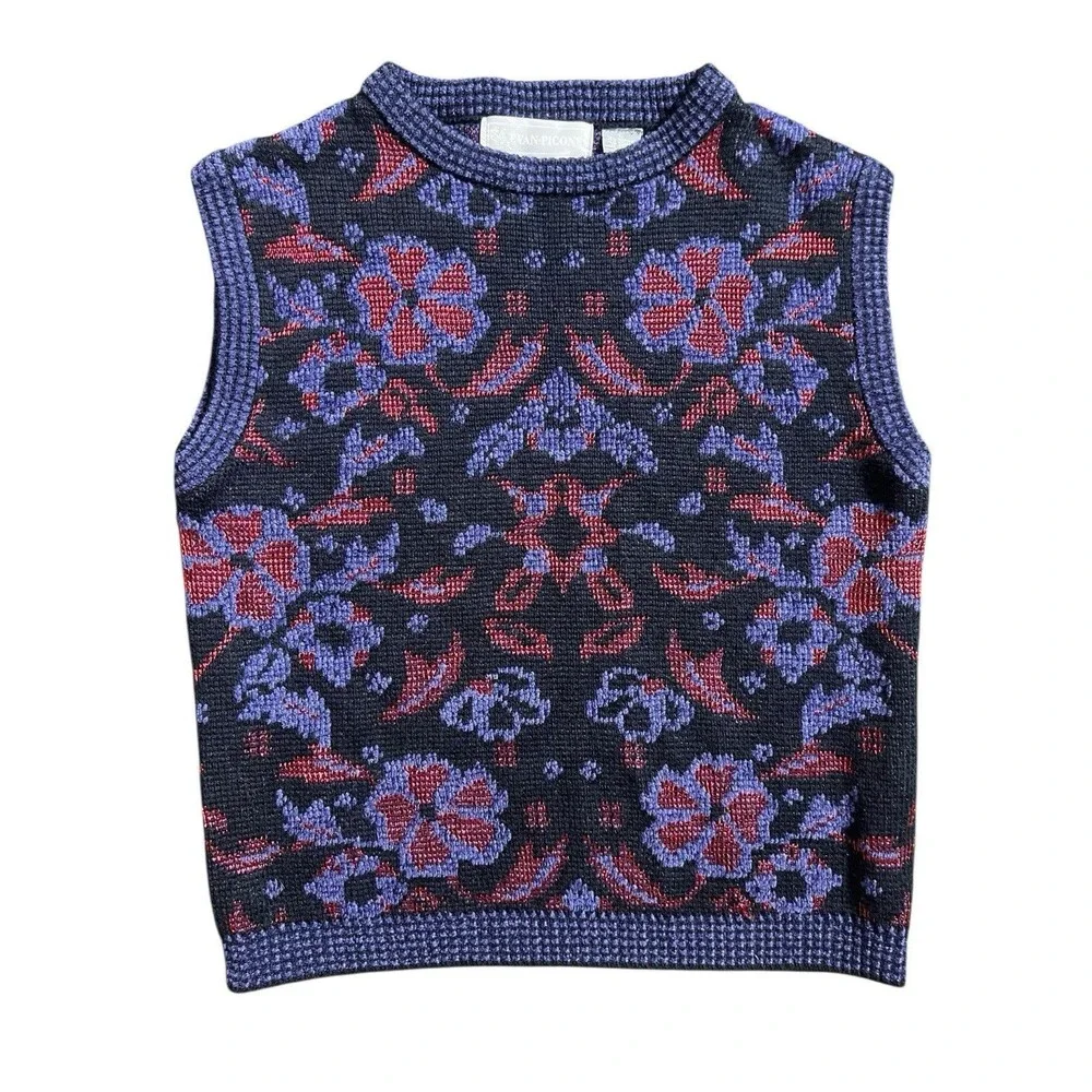 Vtg Evan Picone Vest Floral Purple and Red Grandma Core Sz L - Picture 1 of 7